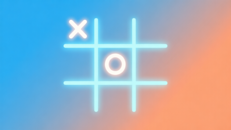 自动生成图片: A clean, minimalist 3x3 Tic Tac Toe grid with a glowing X and O in the center squares, soft blue and orange gradient background, flat design style high quality illustration, detailed, 16:9