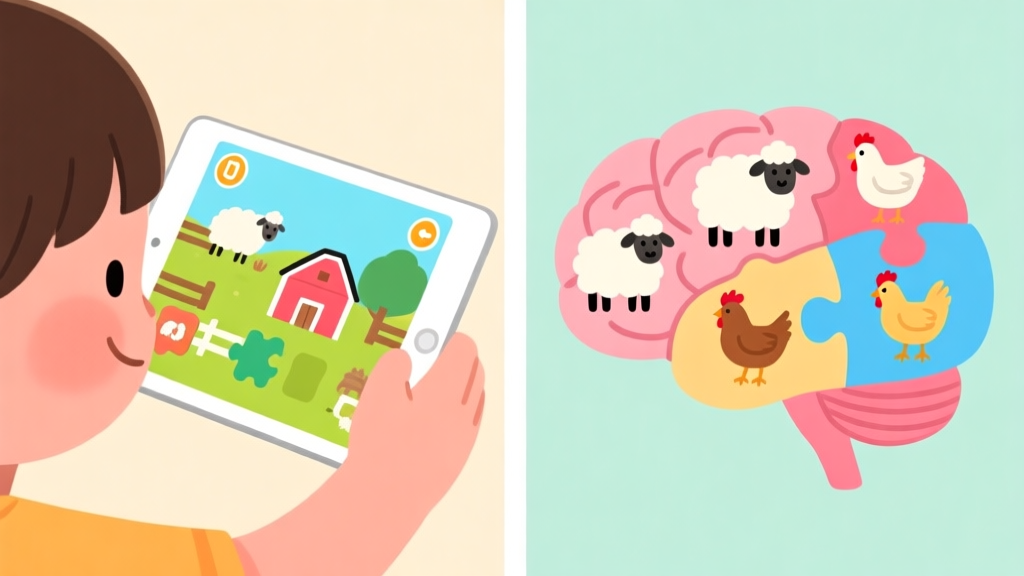A split-screen illustration showing a child's hand holding a tablet with a colorful, simple farm puzzle game on one side, and on the other side, a stylized illustration of a brain with puzzle pieces and farm animals like sheep and chickens fitting into it, soft pastel colors high quality illustration, detailed, 16:9
