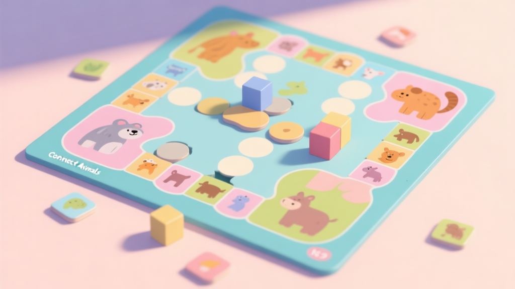 A top-down view of a colorful Connect Animals game board in a state of near-completion, with a few isolated animal tiles causing a blockage, soft pastel colors, clean illustration style high quality illustration, detailed, 16:9
