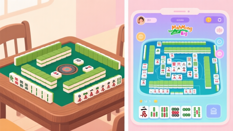 自动生成图片: Split-screen illustration showing a classic mahjong set with simple tiles on a wooden table versus a vibrant digital Mahjong Big interface with numerous tiles and complex layouts, soft pastel color scheme high quality illustration, detailed, 16:9