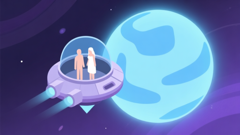 自动生成图片: A minimalist, isometric view of a tiny spaceship floating near a stylized, glowing planet, with two simple humanoid figures (Adam and Eve) visible inside the viewport, soft cosmic color palette with blues and purples high quality illustration, detailed, 16:9