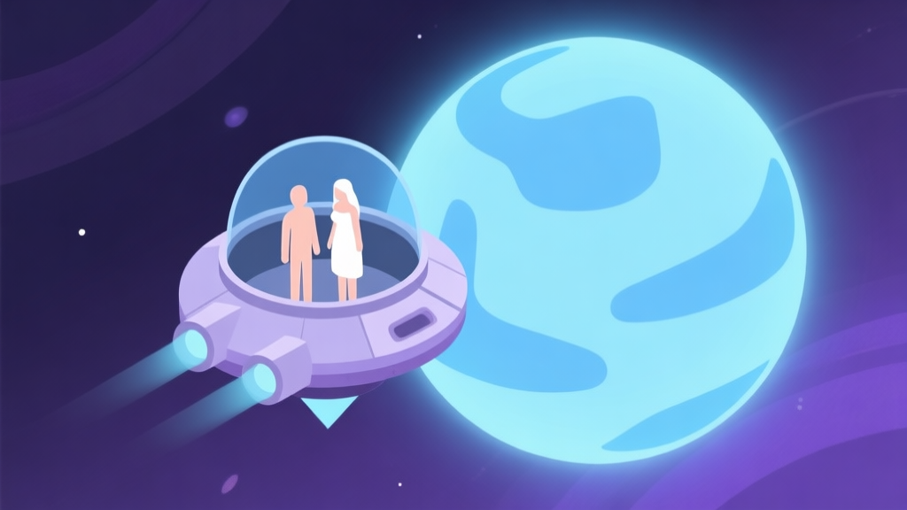 A minimalist, isometric view of a tiny spaceship floating near a stylized, glowing planet, with two simple humanoid figures (Adam and Eve) visible inside the viewport, soft cosmic color palette with blues and purples high quality illustration, detailed, 16:9