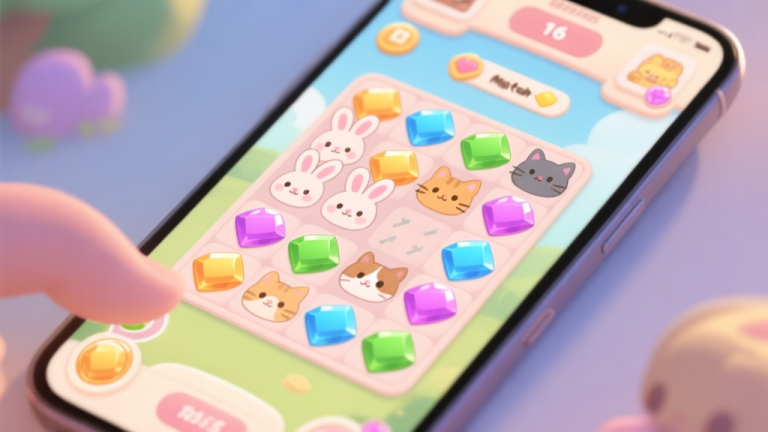 自动生成图片: A cozy, inviting game interface of a match-3 puzzle on a mobile device, showing cute animal characters like bunnies and cats as gems, with a few simple matches highlighted. Soft pastel color palette with gentle lighting. high quality illustration, detailed, 16:9