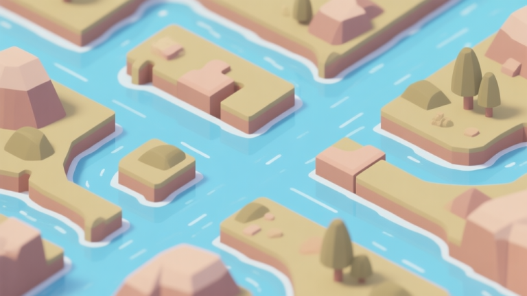 自动生成图片: A serene, isometric view of a puzzle game landscape with multiple water channels branching through different terrain, soft blue water against earthy tones, minimalist design high quality illustration, detailed, 16:9
