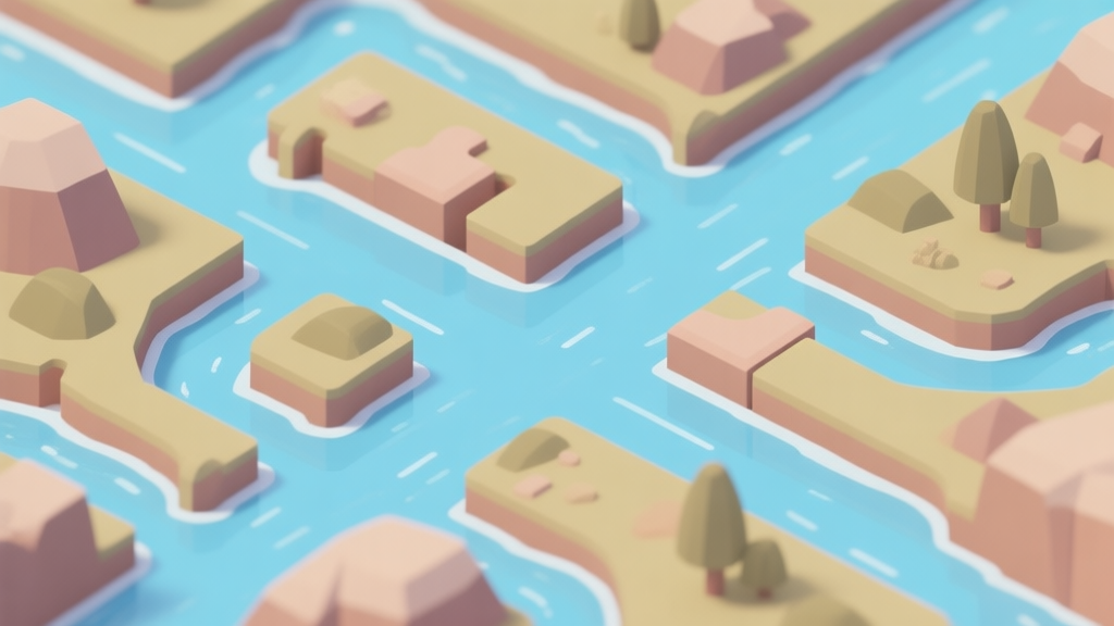 A serene, isometric view of a puzzle game landscape with multiple water channels branching through different terrain, soft blue water against earthy tones, minimalist design high quality illustration, detailed, 16:9