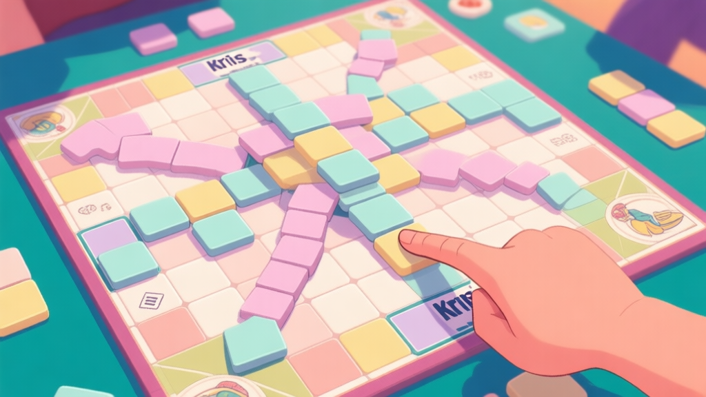 A top-down view of a vibrant Kris Mas Tiles game board mid-game, showing a complex cascade of matching tiles in soft pastel colors, with a player's finger about to make a strategic match high quality illustration, detailed, 16:9