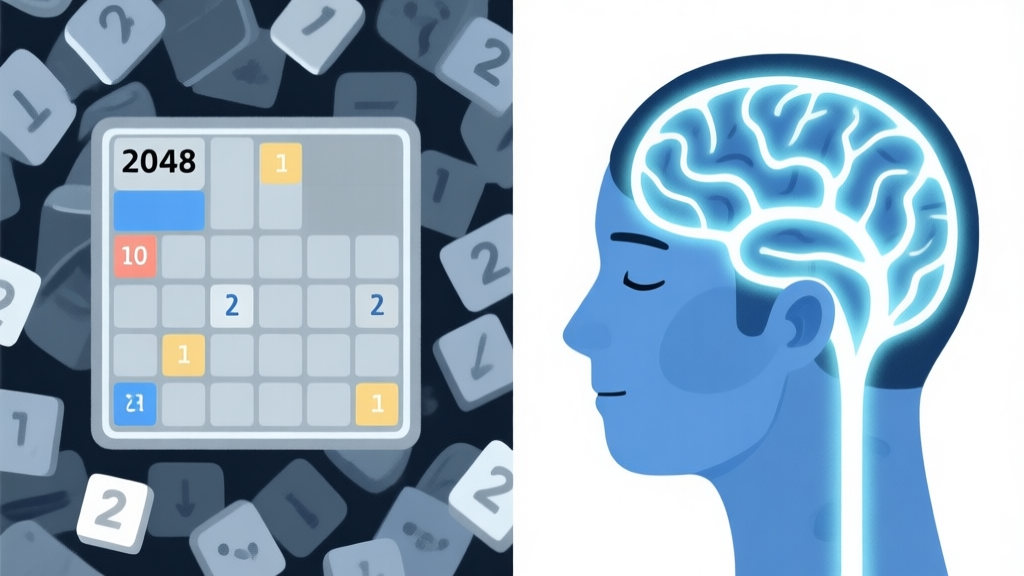 Split-screen illustration showing a chaotic 2048 board on one side and a calm, strategic mind with glowing neural connections visualizing future tile moves on the other, in a soft minimalist style with blue and grey tones high quality illustration, detailed, 16:9