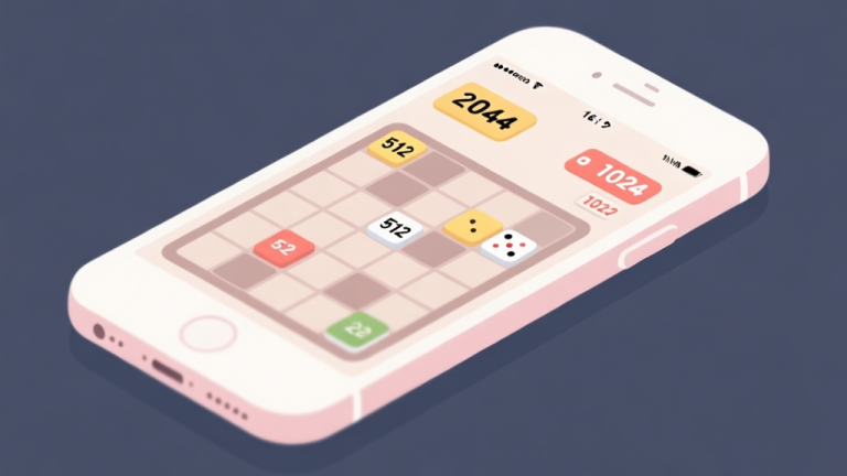 自动生成图片: A clean, minimalist smartphone screen showing a 2048 game board in a tense state, with high-number tiles like 512 and 1024 visible, soft pastel color palette, focus on the grid's complexity high quality illustration, detailed, 16:9