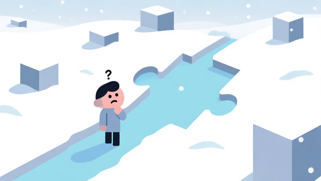 A minimalist, flat design illustration of a snowy puzzle landscape with simple geometric obstacles, a stylized character looking confused, and a hidden path highlighted in soft blue, on a clean white background with pastel accents high quality illustration, detailed, 16:9