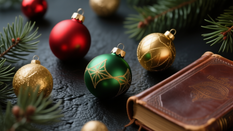自动生成图片: A close-up, artistic flat lay of traditional Christmas ornaments in red, green, and gold on a textured dark background, with pine needles and a vintage leather-bound book, soft natural lighting high quality illustration, detailed, 16:9