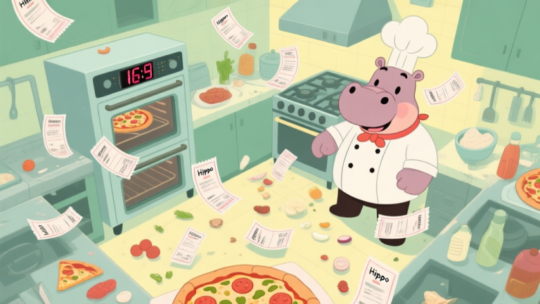 自动生成图片: A top-down view of a chaotic Hippo Pizza Chef kitchen scene, with multiple order tickets floating, an oven timer counting down, and ingredients scattered, in a soft pastel color palette with muted greens and yellows high quality illustration, detailed, 16:9