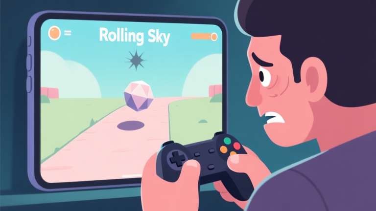 自动生成图片: A frustrated mobile gamer looking at a Rolling Sky level failure screen, with a simple geometric ball falling off a path, in a soft pastel color palette with gentle shadows high quality illustration, detailed, 16:9