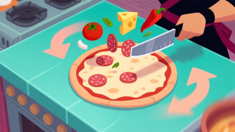 自动生成图片: A stylized, top-down view of a Pizza Ninja Mania kitchen counter, with a pizza base in the center. Arrows in soft teal and peach colors illustrate the flow of ingredients (tomato, cheese, pepperoni) being sliced and thrown onto the base, with subtle motion blur effects high quality illustration, detailed, 16:9