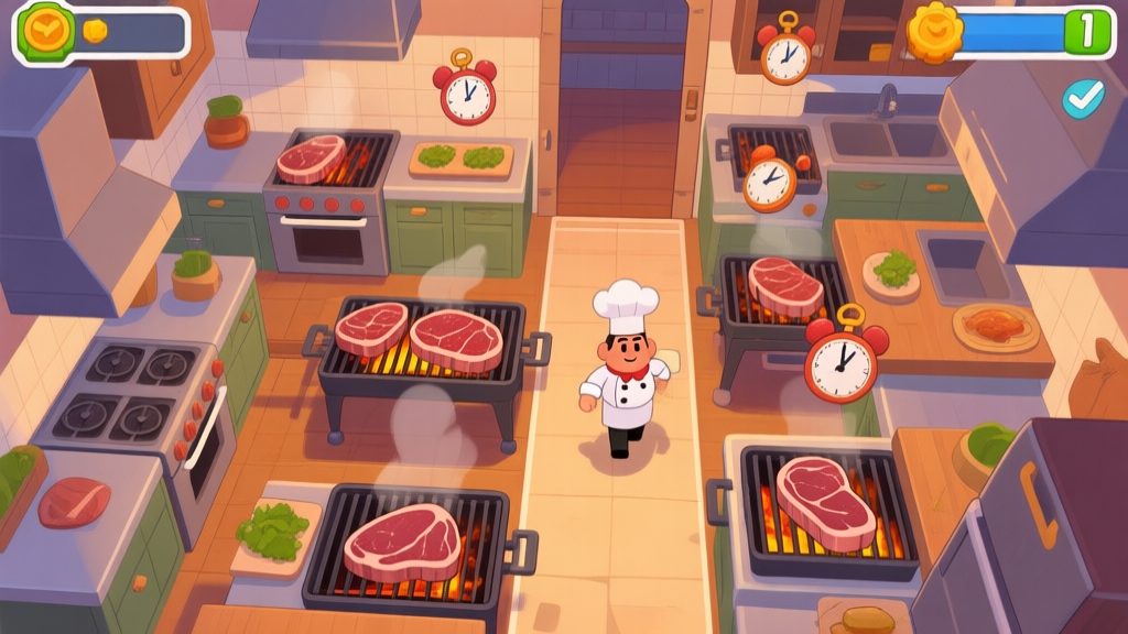 A top-down view of a chaotic but organized kitchen in a mobile game style, with multiple steaks sizzling on grills at different doneness levels, timers floating above, and a clear path for the chef character to move efficiently, in a warm and inviting color palette high quality illustration, detailed, 16:9