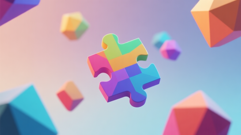 自动生成图片: A 3D puzzle game screenshot showing colorful, abstract polygonal shapes floating against a soft gradient background, with one piece highlighted, conveying a sense of challenge and spatial thinking high quality illustration, detailed, 16:9