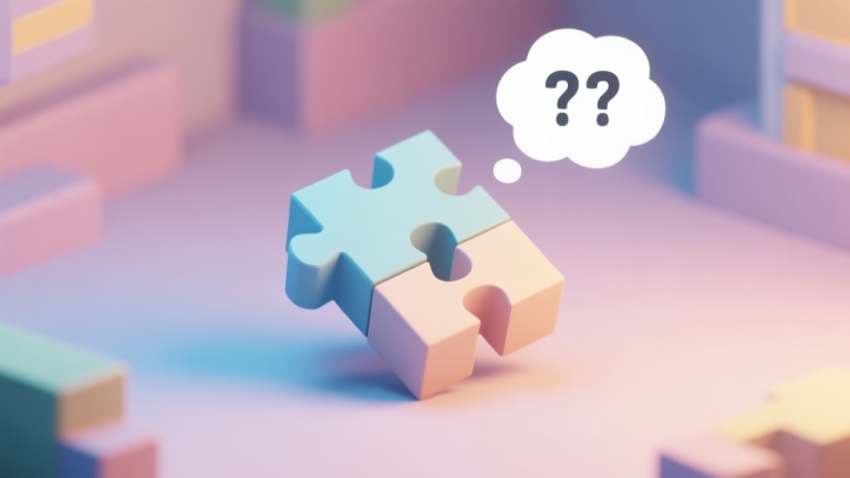 自动生成图片: A 3D puzzle game scene showing a simple polygonal shape halfway solved, with a frustrated thought bubble containing question marks, in a soft pastel color palette with gentle lighting high quality illustration, detailed, 16:9