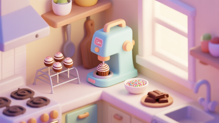 自动生成图片: A cozy, isometric view of a kitchen in a cooking game, featuring a Cake Pops Maker machine as the centerpiece. Soft pastel colors, gentle lighting, with a few perfectly made cake pops on a rack and some ingredients like sprinkles and chocolate nearby. high quality illustration, detailed, 16:9