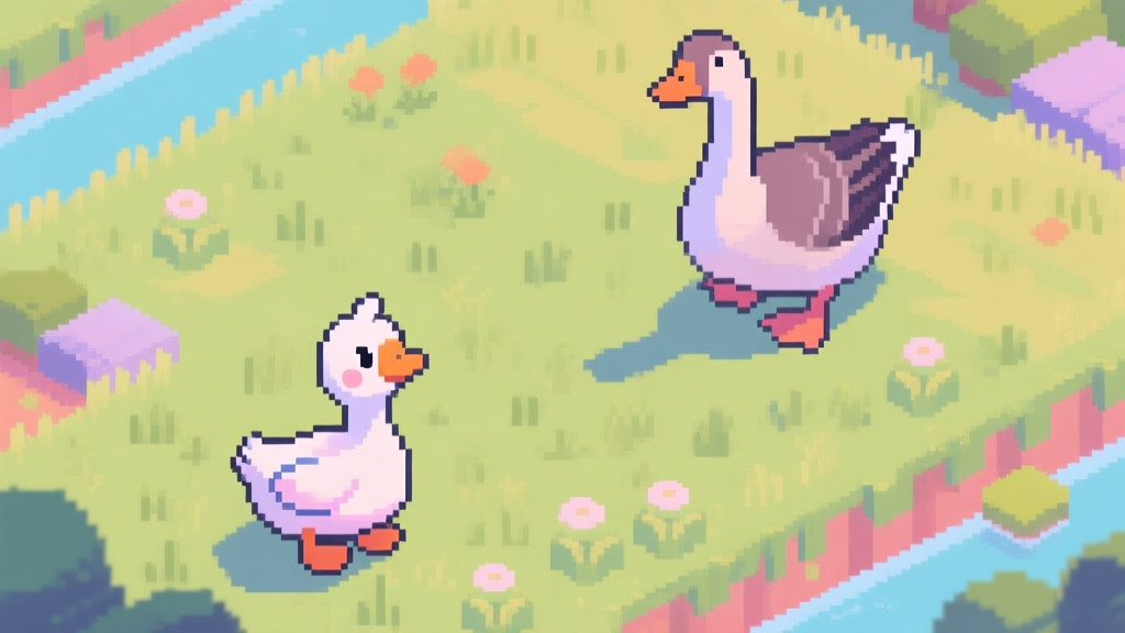 Top-down view of a cute goose character in a vibrant pixel art field, nervously looking at a much larger predator goose in the distance, soft pastel color palette, isometric game perspective high quality illustration, detailed, 16:9