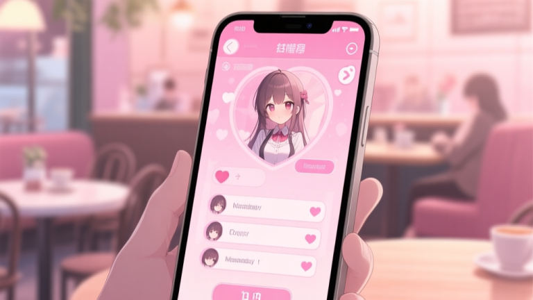 自动生成图片: A cozy, intimate game scene showing a smartphone screen with a romantic visual novel interface, soft pink and pastel color palette, blurred cafe background, focus on dialogue choices on the screen high quality illustration, detailed, 16:9