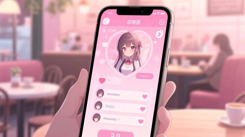 A cozy, intimate game scene showing a smartphone screen with a romantic visual novel interface, soft pink and pastel color palette, blurred cafe background, focus on dialogue choices on the screen high quality illustration, detailed, 16:9