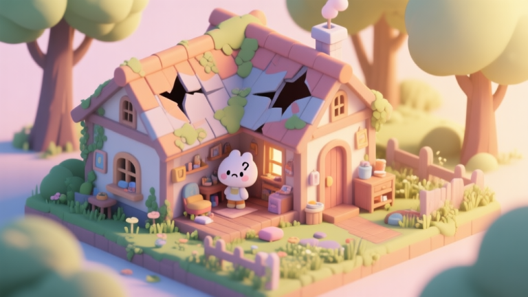 自动生成图片: Cozy isometric illustration of a small cottage with a slightly broken roof and overgrown garden, a cute character looking confused at a cluttered interior, warm sunlight filtering through trees, soft pastel color palette high quality illustration, detailed, 16:9