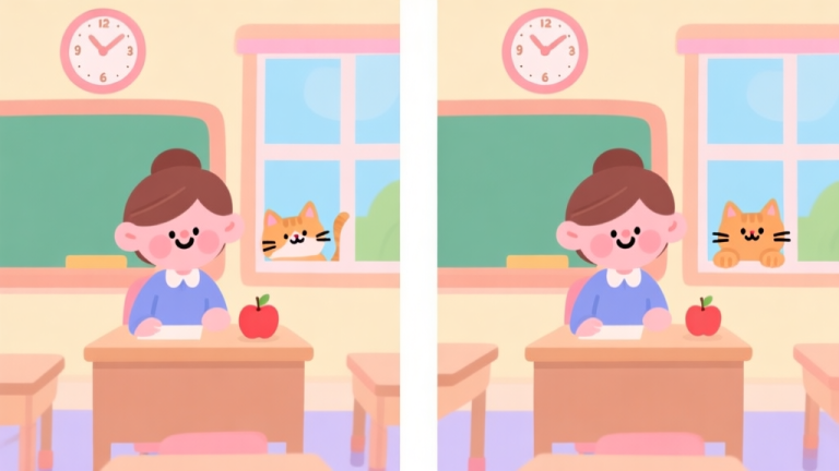 自动生成图片: A cheerful, colorful illustration of two almost identical cartoon scenes set in a kindergarten classroom. One scene has subtle differences: a missing apple on the teacher's desk, a cat peeking from a different window, and a clock showing a different time. Soft pastel colors, friendly and engaging style. high quality illustration, detailed, 16:9
