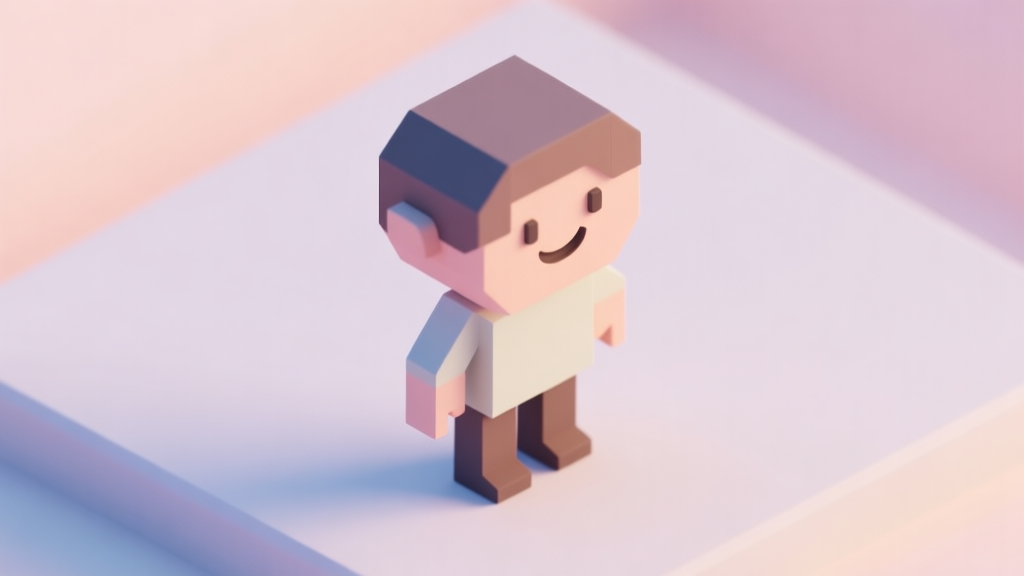 A friendly, low-poly 3D character model with simple shapes and flat colors, standing on a basic plane, soft pastel background, isometric view, clean and inviting style high quality illustration, detailed, 16:9