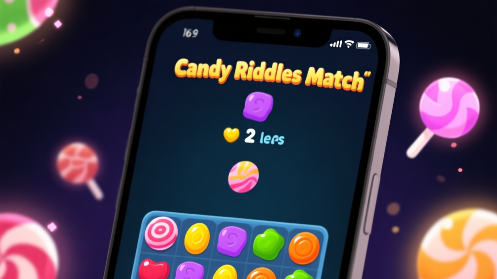A close-up of a smartphone screen showing a frustrating Candy Riddles Match 3 level with only 2 moves left, vibrant candy pieces against a dark background, soft glowing effects around special candies high quality illustration, detailed, 16:9