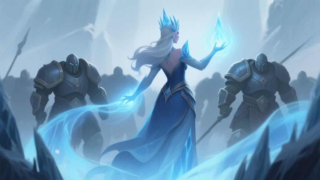 A stylized fantasy game character, an Ice Queen healer, casting a healing spell from the backline. The visual focuses on her positioning behind tankier allies, with soft blue healing effects and a faint frost aura. Muted cool color palette, soft lighting. high quality illustration, detailed, 16:9