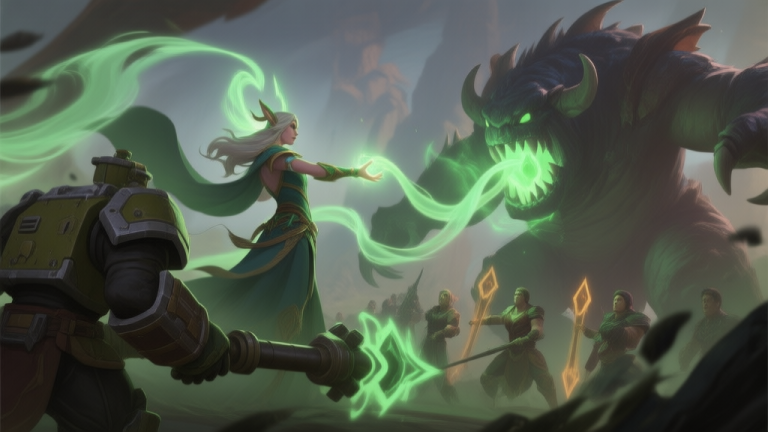 自动生成图片: A dynamic game scene showing a fantasy healer character in the backline, casting soft green healing spells that flow towards teammates in the front. The tank is holding the line against a large monster, with visual effects differentiating between big heals from a main healer and consistent HoT effects from the backline support. Muted fantasy color palette. high quality illustration, detailed, 16:9