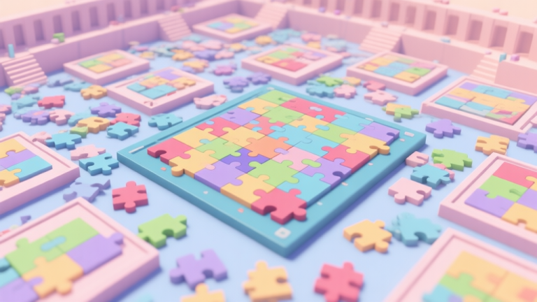 自动生成图片: A top-down view of a chaotic yet organized digital puzzle board, with colorful puzzle pieces scattered among many other similar boards in a vast arena, soft pastel colors, isometric view high quality illustration, detailed, 16:9