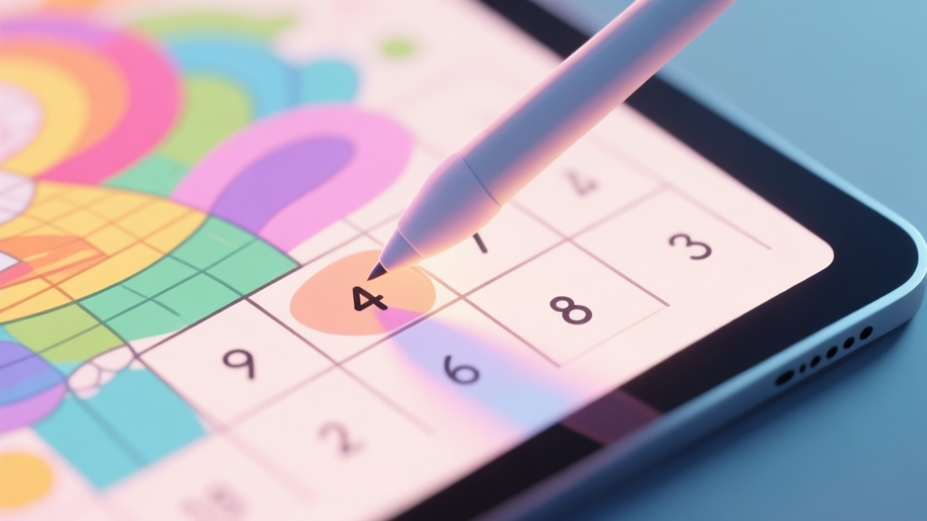 A close-up of a stylized digital tablet showing a partially completed 'paint by numbers' artwork with vibrant colors, a stylus hovering precisely over a numbered cell, soft glow effect on the correct area, pastel color palette high quality illustration, detailed, 16:9
