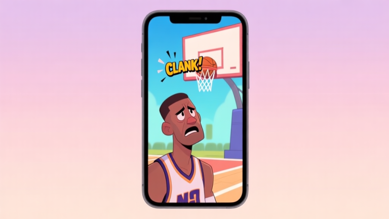 自动生成图片: A frustrated basketball player character on a mobile phone screen, looking at a missed three-point shot animation, with a "CLANK" sound effect visualized, in a soft pastel game art style high quality illustration, detailed, 16:9