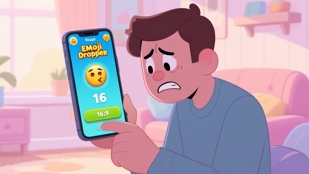 A frustrated player looking at a smartphone screen showing the Emoji Dropper game with a stagnant score, in a cozy room setting, soft pastel colors, cartoon illustration style high quality illustration, detailed, 16:9