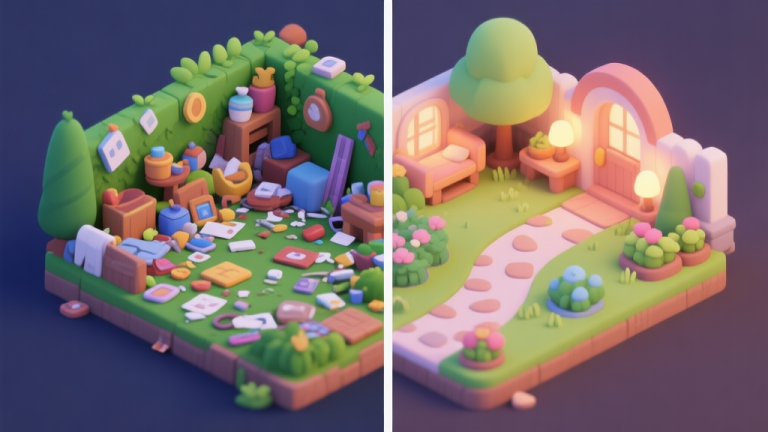 自动生成图片: A side-by-side comparison of a messy, cluttered virtual garden with random items and a serene, organized cozy garden with a winding path, soft lighting, and harmonious colors, in a charming isometric game art style high quality illustration, detailed, 16:9