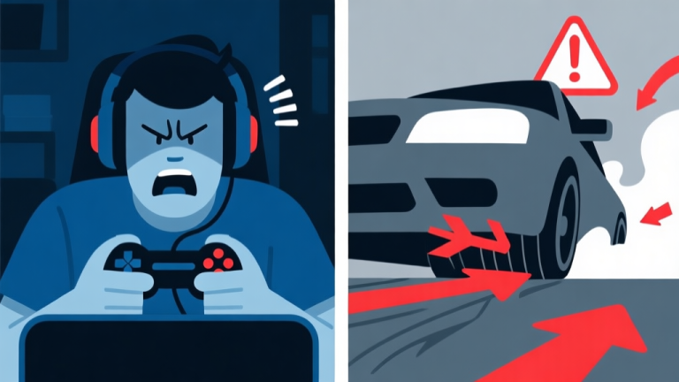 自动生成图片: Split-screen illustration showing a frustrated gamer with a controller on one side, and an abstract visualization of a car losing traction with red warning arrows on the other, in a muted color scheme of dark blue and grey high quality illustration, detailed, 16:9