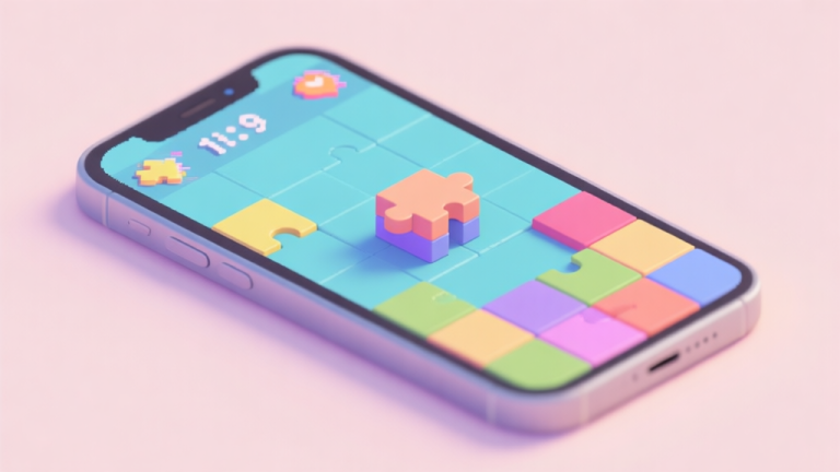 自动生成图片: A stylized, slightly glitched smartphone screen showing a colorful puzzle game level with one misplaced block, soft pastel color palette, clean lines, isometric view high quality illustration, detailed, 16:9