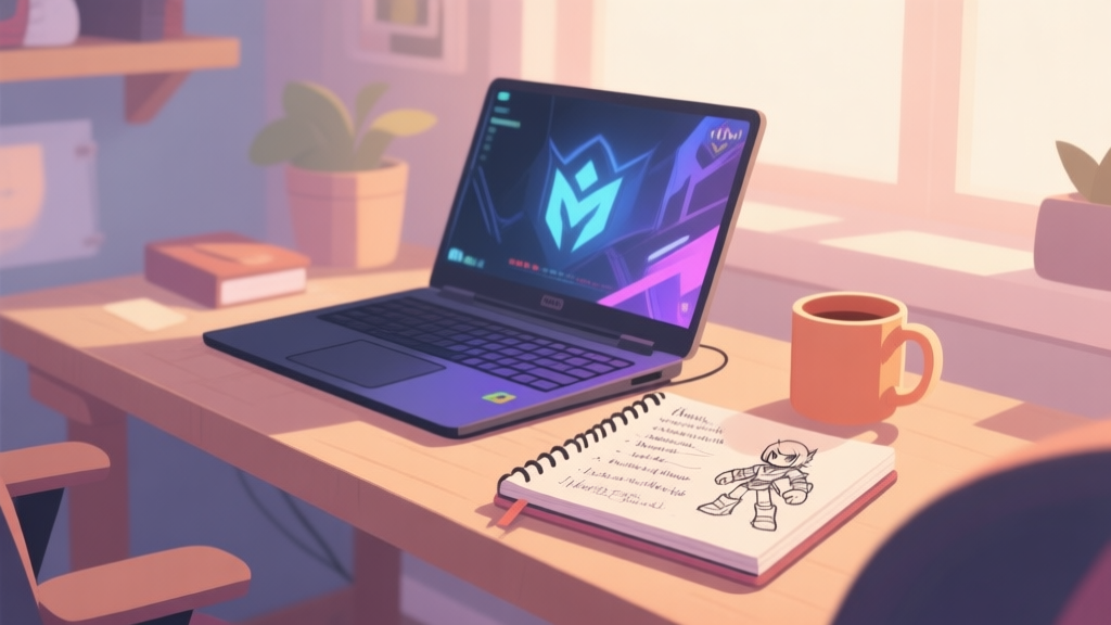 A cozy, inviting desk setup with a gaming laptop open, a notebook with handwritten notes and sketches of game characters, a warm mug, and soft natural lighting, in a flat illustration style with a soft color palette high quality illustration, detailed, 16:9