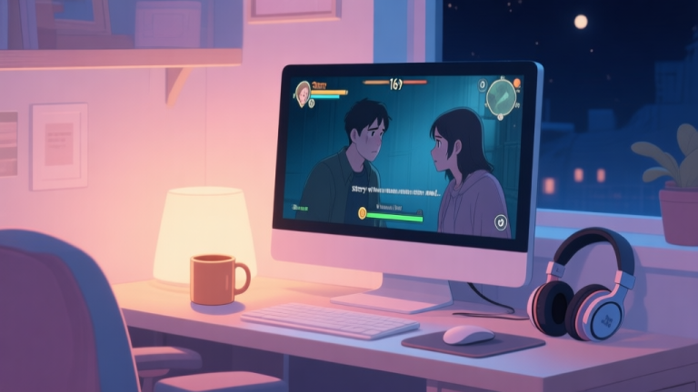 自动生成图片: A cozy, softly lit gaming setup at night, with a story-driven game displayed on a monitor showing a poignant dialogue scene, a warm mug nearby, and headphones resting on the desk, in a gentle pastel color palette high quality illustration, detailed, 16:9