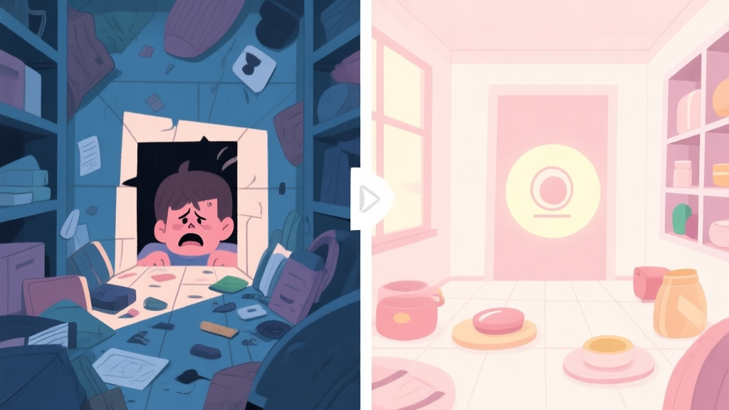 Split-screen illustration showing a cluttered, frustrating hidden object scene on the left, and a clean, logically organized scene with highlighted objects on the right, using a soft pastel color palette high quality illustration, detailed, 16:9