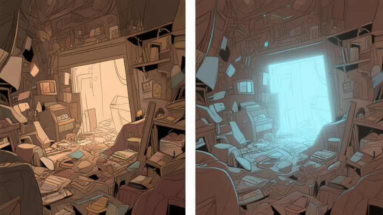 自动生成图片: A split-screen illustration showing a cluttered, overwhelming scene on the left and the same scene with key hidden objects subtly highlighted with soft glow on the right, using a muted color palette of browns and blues high quality illustration, detailed, 16:9