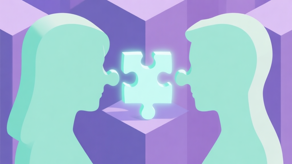 Two stylized human silhouettes facing each other, their heads connected by a glowing puzzle piece bridge, isometric view, soft pastel colors like mint green and lavender, clean illustration style high quality illustration, detailed, 16:9