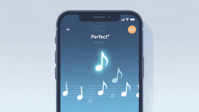 自动生成图片: A calm, minimalist illustration of a smartphone screen showing a rhythm game interface with falling notes, a gentle highlight on the "Perfect" hit marker, soft blue and grey color scheme, conveying focus and precision high quality illustration, detailed, 16:9