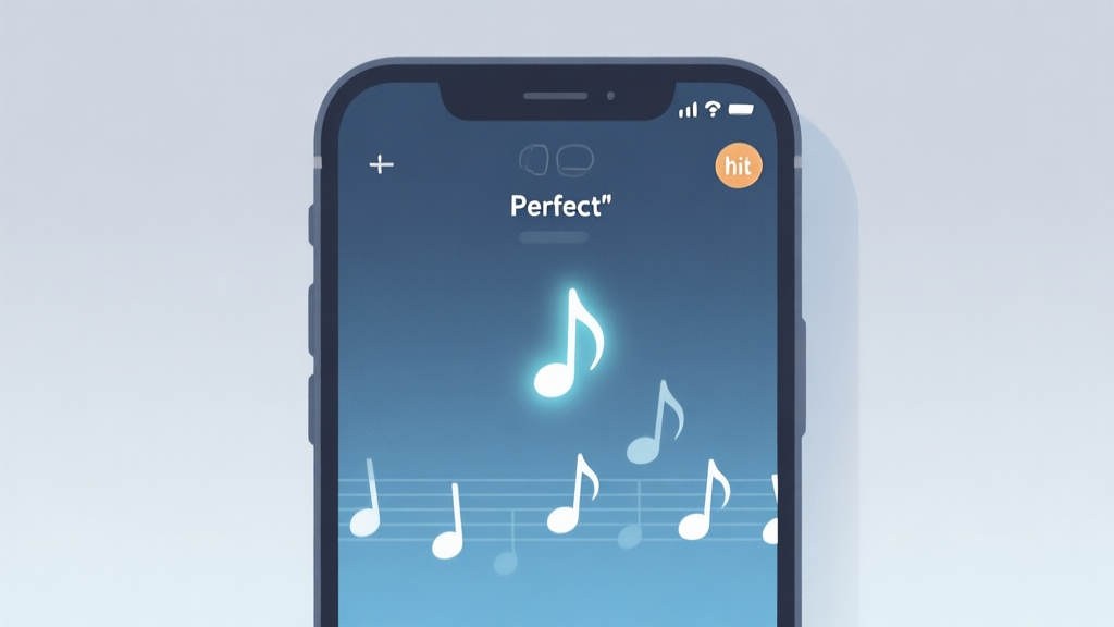 A calm, minimalist illustration of a smartphone screen showing a rhythm game interface with falling notes, a gentle highlight on the "Perfect" hit marker, soft blue and grey color scheme, conveying focus and precision high quality illustration, detailed, 16:9