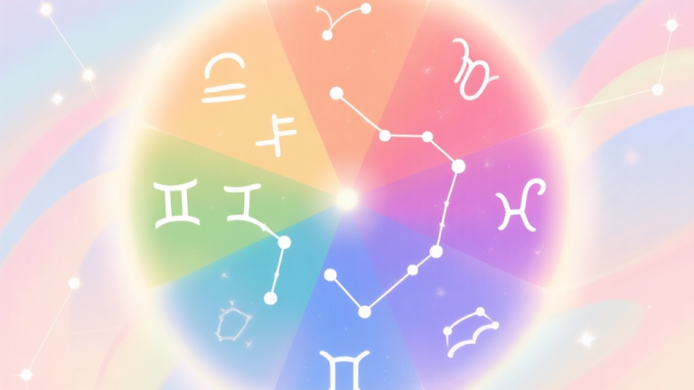 自动生成图片: A soft, abstract illustration showing a color wheel merging with zodiac constellation symbols, in a gentle pastel palette with ethereal glow effects high quality illustration, detailed, 16:9