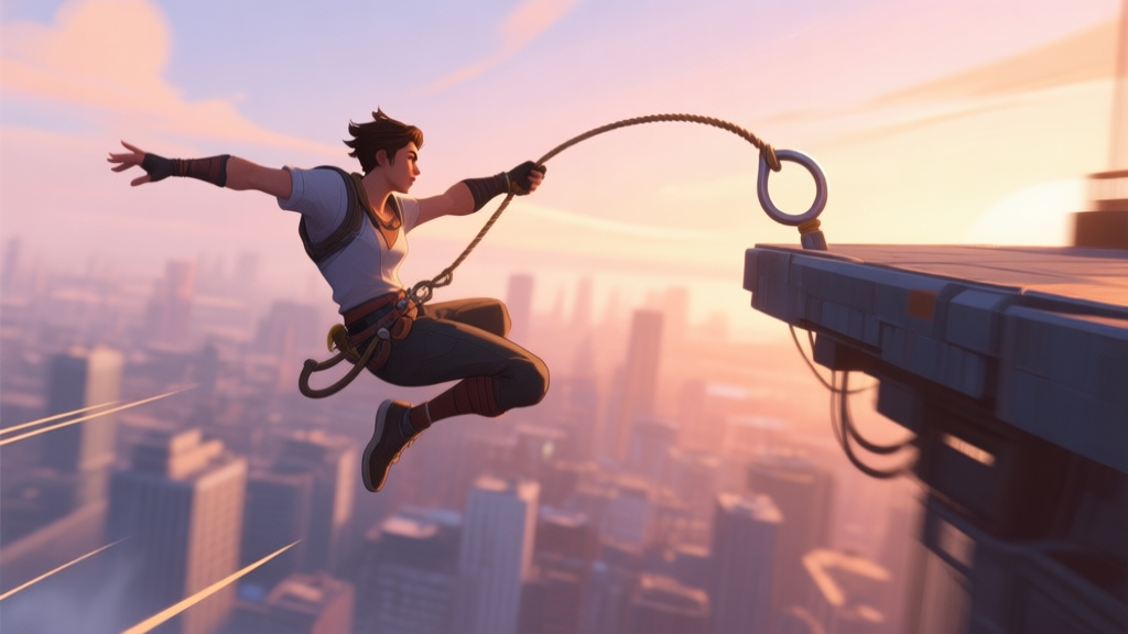 A video game character in mid-air, gracefully swinging on a grappling hook towards a distant platform, with a blurred cityscape below, soft sunset color palette, dynamic motion lines high quality illustration, detailed, 16:9