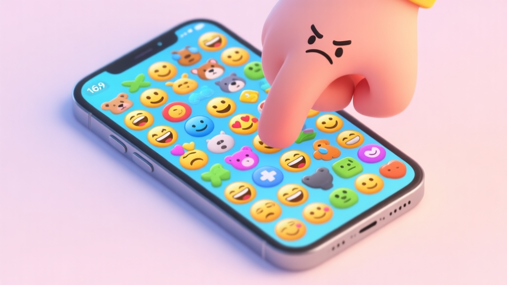 A top-down view of a smartphone screen showing a colorful, chaotic grid of various emojis (smileys, animals, objects) with a frustrated hand hovering over it, soft pastel background, clean game UI aesthetic high quality illustration, detailed, 16:9