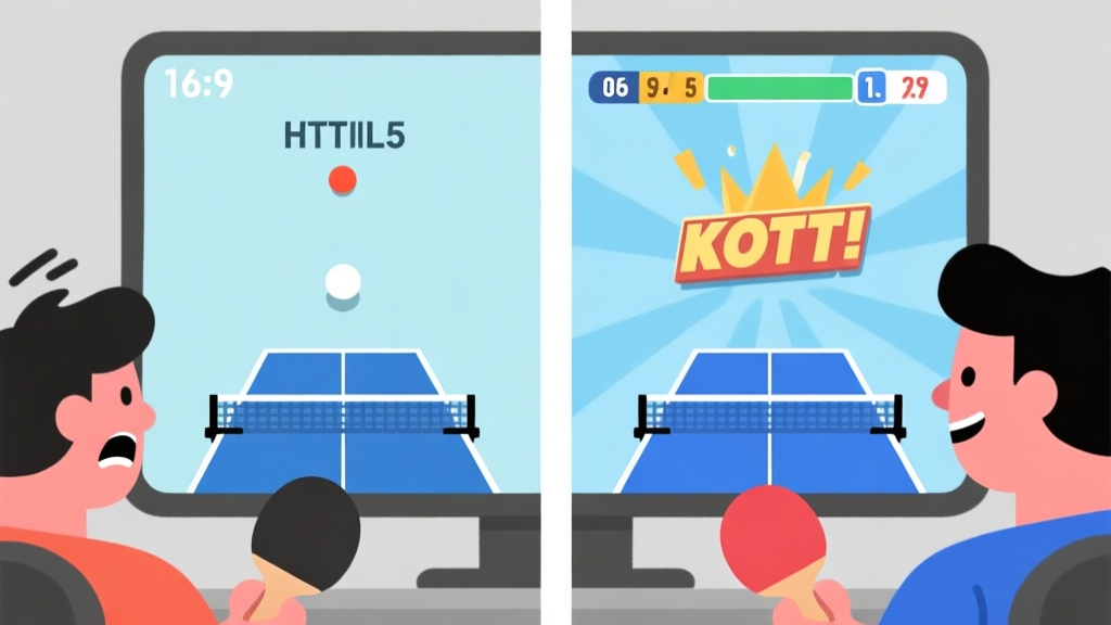 A split-screen image showing a frustrating gamer on the left with a simple ping pong HTML5 game on screen, and a confident gamer on the right with a victory screen. The game interface is clean with a ball, two paddles, and a score display. Light blue and grey color scheme, flat design. high quality illustration, detailed, 16:9