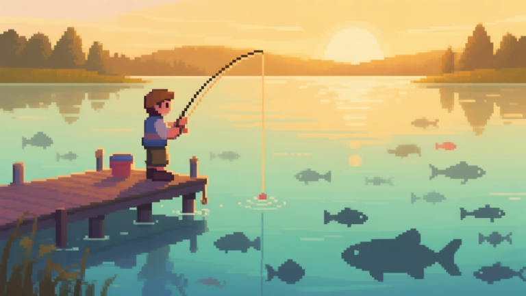 自动生成图片: A serene pixel art fishing scene at a lake during golden hour, with a character fishing from a dock, various fish shadows visible in the clear water, warm and soft color palette high quality illustration, detailed, 16:9
