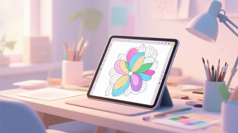 自动生成图片: A serene digital art studio setup with a tablet displaying a beautiful, half-finished Prismo Coloring artwork, soft natural lighting, pastel color palette, focus on the creative tools and peaceful atmosphere high quality illustration, detailed, 16:9